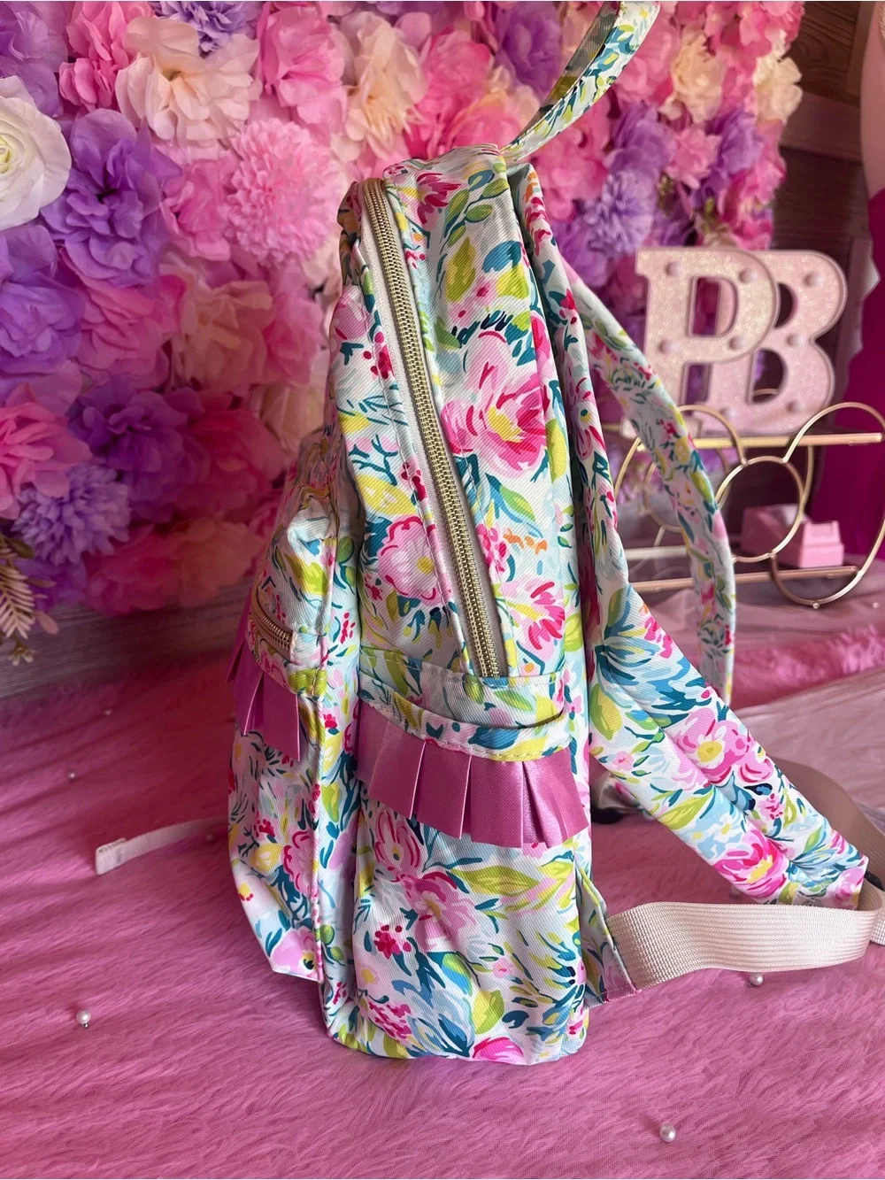 Floral Print Backpack with Pink Ribbon Trim